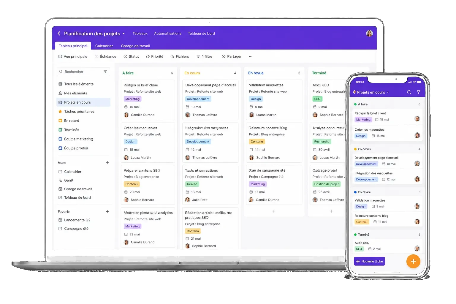 Interface d'un CRM sur-mesure en vue kanban, sur ordinateur et mobile